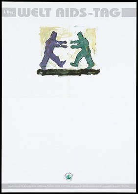 Two people walking towards each other with their arms outstretched; representing solidarity with AIDS victims on World AIDS day. Colour lithograph, 199-.