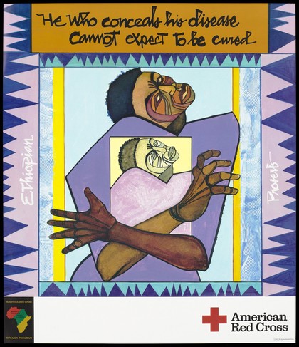 Recto: a black figure hugs a picture of another to his chest within a graphic background; an illustration to an Ethiopian proverb; sixth of six posters advertising the American Red Cross HIV/AIDS program. Colour lithograph by Damballah Dolphus Smith,1992.