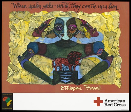 Recto: a black figure with numerous heads and hands together holding a lion within a graphic background incorporating further heads; an illustration to an Ethiopian proverb; fifth of six posters advertising the American Red Cross HIV/AIDS program. Colour lithograph by Damballah Dolphus Smith,1992.