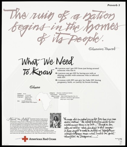 Recto: numerous black figures within blocks resembling houses; an illustration to an Ghanaian proverb; third of six posters advertising the American Red Cross HIV/AIDS program. Colour lithograph by Damballah Dolphus Smith,1992.
