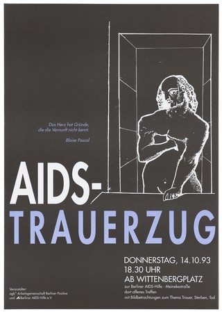 A man (Pascal?) standing in an alcove pressing his right hand to his heart; representing grief for AIDS-victims, to be expressed in a procession in Berlin. Colour lithograph, 1993.