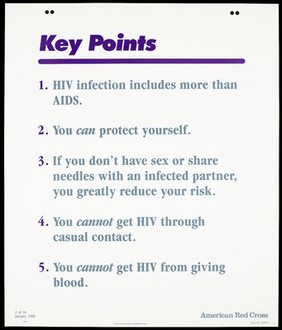 A list of points explaining how to protect against HIV infection; second of sixteen advertisement posters by the American Red Cross promoting education about AIDS. Colour lithograph, 1990.