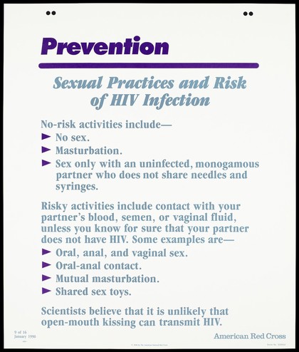 List of sexual practices and risk of HIV infection; ninth of sixteen advertisement posters by the American Red Cross promoting education about AIDS. Colour lithograph, 1990.
