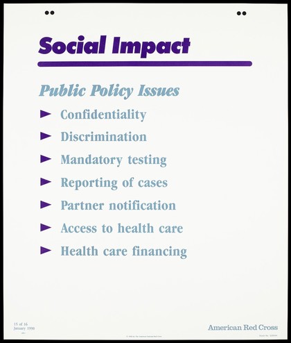 List of public policy issues relating to HIV; fifteenth of sixteen advertisement posters by the American Red Cross promoting education about AIDS. Colour lithograph, 1990.