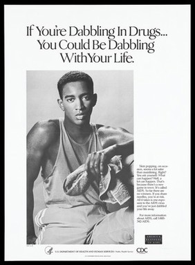 A young black man in a tracksuit holding a towel representing the risks involved in dabbling with drugs; advertisement about AIDS by the U.S. Department of Health and Human Services. Lithograph, 1993.