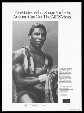 A black man in vest and shorts with a skipping rope over one shoulder holding a towel; an advertisement about the risk of AIDS by the U.S. Department of Health and Human Services. Lithograph, 1991.