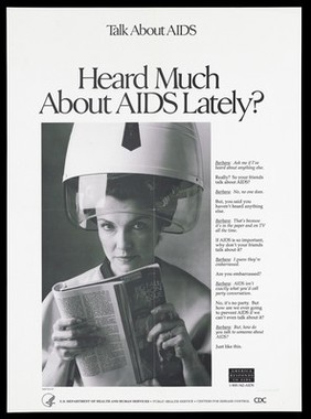 A woman holds a magazine with her hair in rollers under a hair dryer with an interview about how to talk about AIDS; an advertisement by the U.S. Department of Health and Human Services. Lithograph, 1991.