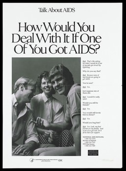 A woman sits smiling between two men with an interview about how to deal with your friends getting AIDS; advertisement by the U.S. Department of Health and Human Services. Lithograph.