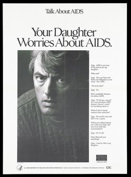 A man looks looks directly out at the viewer with an interview about how talk to your children about AIDS; advertisement by the U.S. Department of Health and Human Services. Lithograph, 1991.