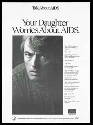 A man looks looks directly out at the viewer with an interview about how talk to your children about AIDS; advertisement by the U.S. Department of Health and Human Services. Lithograph, 1991.