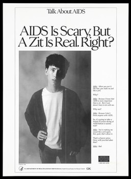 A boy with one hand on his hip looks looks directly out at the viewer with an interview about the reality of AIDS; advertisement by the U.S. Department of Health and Human Services. Lithograph.