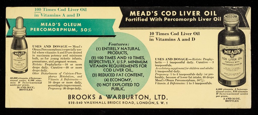 Mead's cod liver oil, fortified with percomorph liver oil... : Mead's oleum percomorphum, 50%... / Brooks & Warburton, Ltd.