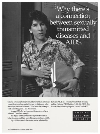 A man leans against some lockers holding two books with a warning about the connection between sexually transmitted diseases and AIDS; a poster from the America responds to Aids advertising campaign. Lithograph.
