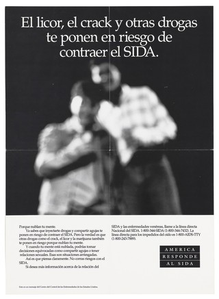 Two blurred figures with a warning about the risk of drug abuse and AIDS in Spanish; a poster from the America responds to Aids advertising campaign. Lithograph.