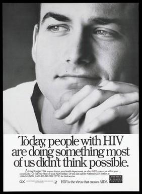 The face of a man with one hand on his chin representing a man who appears positive about being HIV; a poster from the America responds to Aids advertising campaign. Lithograph.