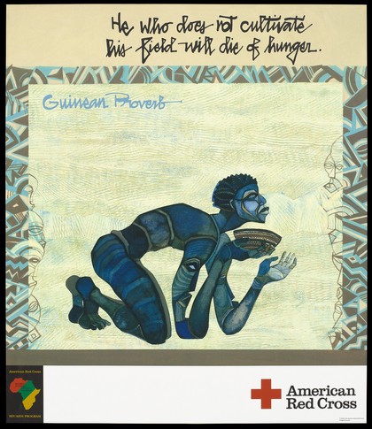 Recto: a graphic black figure on his hands and knees holding a decorative bowl with in a decorated border; an illustration to a Guinean; fourth of six posters advertising the American Red Cross HIV/AIDS program. Colour lithograph by Damballah Dolphus Smith,1992.