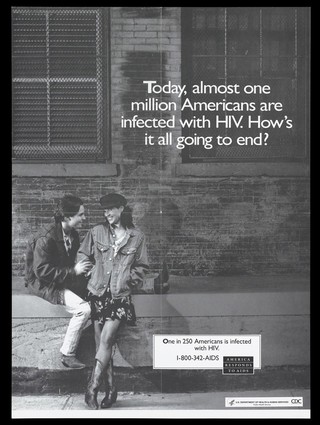 A man sits on a wall holding the arm of a woman who smiles representing a couple who may have HIV; a poster from the America responds to Aids advertising campaign. Lithograph.