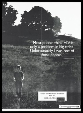 Krista Blake, a woman who is HIV positive, runs through a field; a poster from the America responds to Aids advertising campaign. Lithograph, 1993.