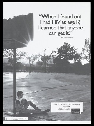 Peter Zamara, an HIV positive man, sits leaning against a baseball post holding a ball; a poster from the America responds to Aids advertising campaign. Lithograph.