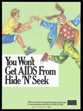 A boy chasing a girl with a message indicating that AIDS is not transmitted through playing hide and seek; a poster from the America responds to Aids advertising campaign. Colour lithograph.