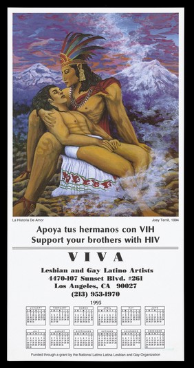 A native American man wearing a feather head dress holds another across his knees against a backdrop of snow covered mountains; a calendar for 1995 by VIVA, Lesbian and Gay Latino artists to support those with HIV. Colour lithograph after Joey Terrill, 1994.