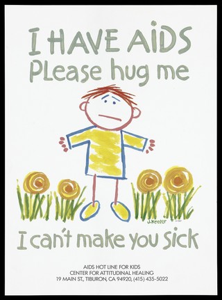 A forlorn looking child with arms outstretched among flowers, representing a child with AIDS ostracized for fear of transmitting the disease. Colour lithograph by J. Keeler, 1987, for the Centre for Attitudinal Healing.