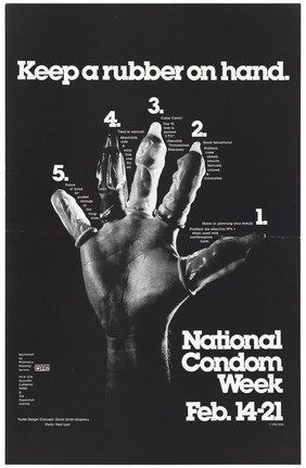 A hand with fingers bearing numbered condoms; advertisement for National Condom Week Feb. 14-21, by the Pharmacy Planning Service. Lithograph by Fred Lyon and David Smith Graphics.