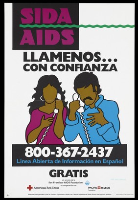 A woman and a man on the telephone representing the AIDS Spanish Helpline; advertisement by the San Franciso AIDS Foundation. Colour lithograph, 1994.