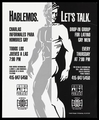Profile of a man with information about a drop-in group for Latino gay men; advertisement by the Latino AIDS Project. Lithograph.
