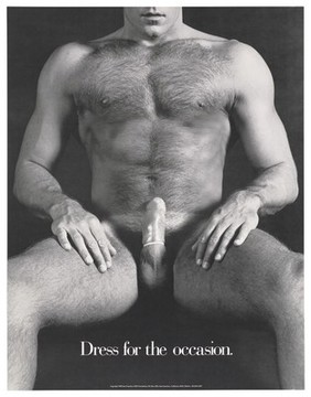 A naked man wearing a condom; advertisement for safe sex by the San Francisco AIDS Foundation. Lithograph, 1988.