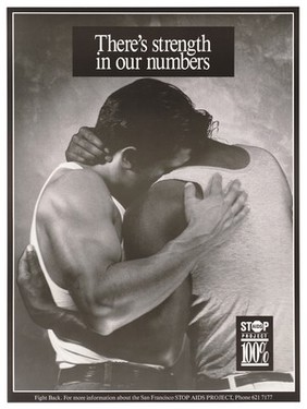 Two men in vests embrace; advertisement for the Stop AIDS Project. Lithograph.