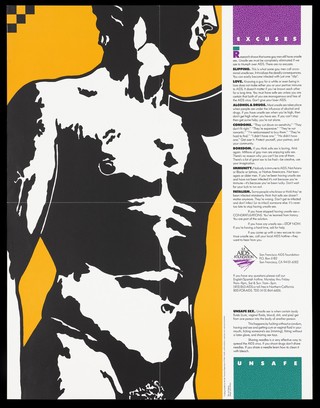 One folded sheet containing the silhouette torso of Michelangelo's David and a list of excuses for not practising safe sex; advertisement by the San Francisco AIDS Foundation. Colour lithograph by Larry Stinson and Les Poppas.