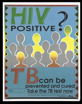 Silhouette heads with a warning to those with HIV to take the tuberculosis test; advertisment by the San Francisco Division of Tuberculosis Control and American Lung Association. Colour lithograph.