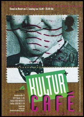 A British postage stamp including a portrait of the film-actor Stan Laurel, representing monthly meetings for HIV-positive people at the Kultur+ Café, Berlin. Colour lithograph after Kintscher, ca. 1993.