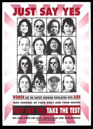 Rows of the faces of women, some with death masks, representing women with AIDS; advertisment for free HIV/AIDS tests by the City of Los Angeles Department of Cultural Affairs. Colour lithograph by Kerr and Malley, 1992.