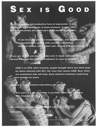 Two male gay couples and two heterosexual couples embrace representing safe sex and AIDS; advertisment about information on HIV/AIDS by the San Francisco AIDS Foundation. Lithograph by Warwick May.