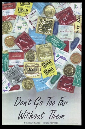 A range of condoms; advertisement by De Anza College Health Services. Colour lithograph.