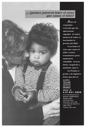 A woman holds a black child in a stripy top and braces who has AIDS; an advertisement in spanish for The Aids Health Project. Lithograph.