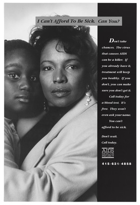 A black mother with her daughter representing an advertisement for The Aids Health Project. Lithograph.