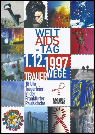 Symbols of death and mourning to mark World AIDS Day 1997. Colour lithograph, 1997.