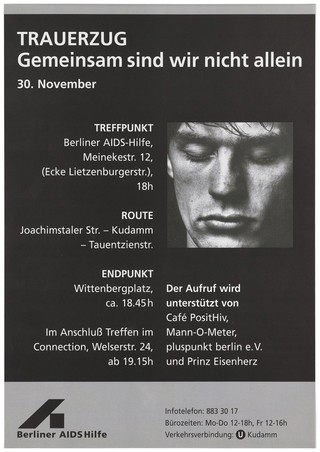The head of a young man with closed eyes, representing mourning for AIDS victims to be marked by a procession in Berlin on the eve of World AIDS day. Lithograph, 199-.