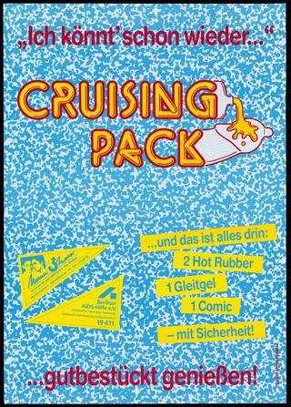 Contents of a safe-sex cruising pack issued to gay men in Berlin. Colour lithograph, 199-.