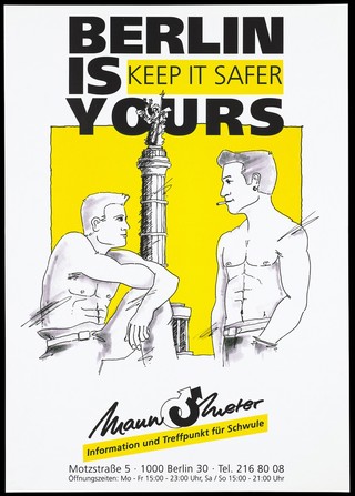 Two gay men in the Grosse Stern in Berlin, advertising safe sex. Colour lithograph, 199-.