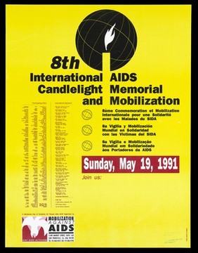 Silhouette of the world with a lit candle advertising in the 8th International AIDS Candlelight Memorial event by Mobilization against AIDS on Sunday May 19, 1991 with text relating to participating cities and sponsors. Colour lithograph by Bennett Carlson, 1991.