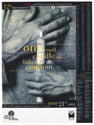 A man's hands, one raised to his chest, the other holding a lit candle; advertisement for the 12th International AIDS Candlelight Memorial and Mobilization on May 21st 1995. Colour lithograph by Guzman.