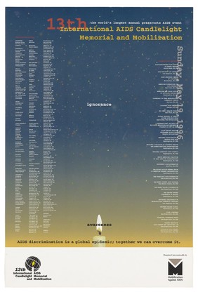 The flame of a candle against a night sky littered with coloured stars; advertisement for the 13th International AIDS Candlelight Memorial and Mobilization on Sunday May 19 1996. Colour lithograph.