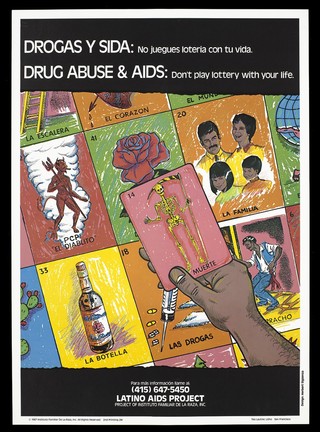 A hand holds a card bearing the number '14' with the skeletal figure of death with other cards including the devil, a red rose, a family, a bottle and a syringe; advertisement for the Latino AIDS Project. Colour lithograph by Herbert Sigüenza, 1987.
