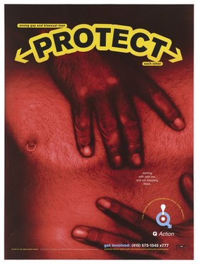 A pair of black hands rest on a man's chest with a pierced nipple representing an advertisement for gay and bisexual men to practice safe sex by the Stop AIDS Project. Colour lithograph by Erik Adigard and Patricia Mcshane.