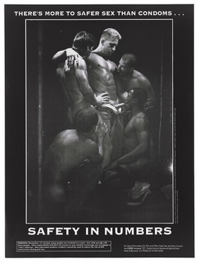 Men performing oral sex; advertisement for safe sex to reduce the risk of HIV by the Core Program. Lithograph by Charles R. Moniz.