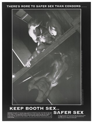 Two groups of men performing oral sex in booths; advertisement for safe sex to reduce the risk of HIV by the Core Program. Lithograph by Charles R. Moniz.